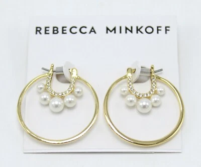 New Rebecca Minkoff Sophia Gold Pave Rhinestone Pearl Earrings $38 Tags #RM086 - Image 1 of 3