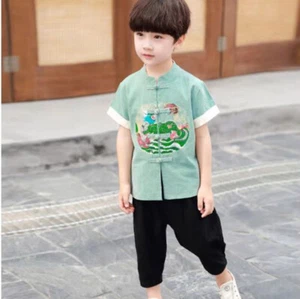 2pcs Boys Shirt Ankle Pants Set Embroidered Dragon Chinese Style Set Summer Thin - Picture 1 of 14