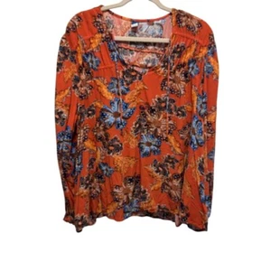Old Navy Blouse Women's 2X Orange Floral Long Sleeve Popover Office Boho Casual - Picture 1 of 8