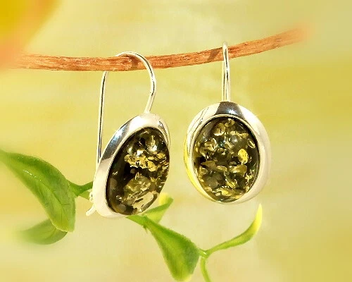 Bernstein Ohrringe Silber 925 Ohrhänger oval  grün gelb echt Sterlingsilber eb10 - Bild 1 von 1