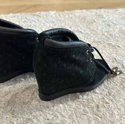 SIZE 6 Louis Vuitton Black Monogram Suede and Leather Wedge Sneakers Size 36  - Image 1 of 4