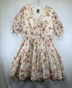 Abito Taylor donna L beige floreale rosso verde foderato a strati scollo a V aderente svasato - Foto 1 di 17