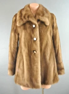 Real Mink FUR Coat S Golden Brown Button front 3/4 Hip Length Short Collared  - Picture 1 of 9