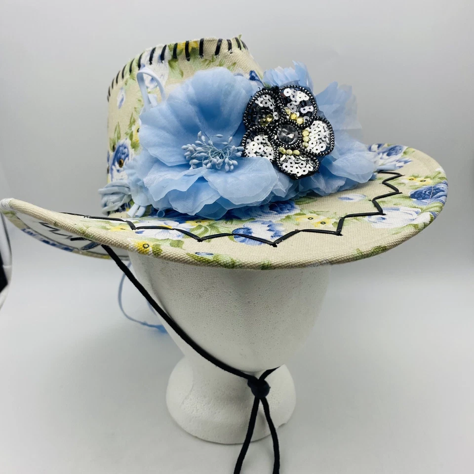 Único sombrero de vaquera azul amarillo floral lentejuelas Foto 1 de 4
