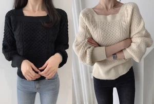 Women Crew Neck Knit Long Sleeve Cotton Pullover Sweater Fall Winter Tops - Picture 1 of 9