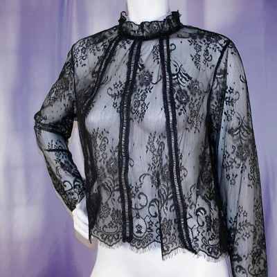 Blusa Top XHILARATION Negra Transparente Paisley Encaje Mujer Cuello Chocker Talla L Foto 1 de 4
