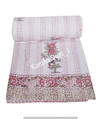 Indian Handmade Block Print Kantha Quilt Bedspread Throw Cotton Blanket Bedding - Image 1 of 4
