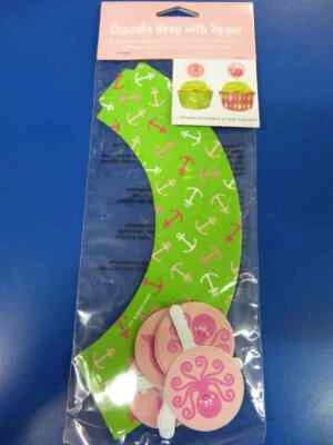 Ocean Preppy Girl Pink Whale 1st Birthday Party Cupcake Wraps & Pick Toppers - Image 1 of 2