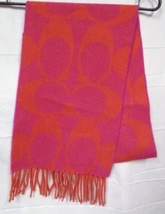 Women's COACH Magenta Pink & Orange C Logo Wool Cashmere Fringe Scarf - Picture 1 of 5