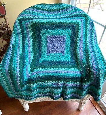 Crochet Block Granny Square Blanket Afghan Wrap Lapghan Throw Aqua Green 42"x42" - Image 1 of 3