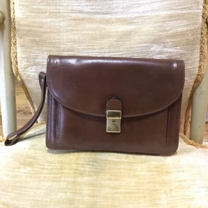 Vintage Clutch Wristlet Bag Brown Leather Unisex Purse with Lock + Key Preowned - Picture 1 of 11