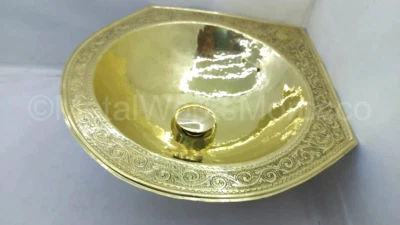 Etched Unlacquered Brass Corner Sink Bowl Handmade Vanity Sink (18.5”x11.5”) - Image 1 of 4