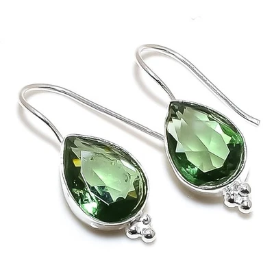 Handmade Green Amethyst Gemstone 925 Sterling Silver Jewelry Earrings 1.6" - Image 1 of 4