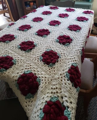 Vintage Granny Square 3D Red Rose Afghan, Approximately 70 By 70, Red/cream - Image 1 of 4