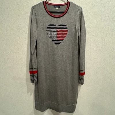 Tommy Hilfiger Women Gray Knit Sweater Dress Heart Logo Rhinestone Size L - Image 1 of 4