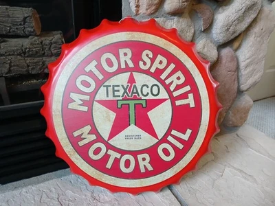 Aceite de motor TEXACO Motor Spirit, letrero de tapa de botella de metal prensado 16" GAS Y ACEITE NUEVO Foto 1 de 4