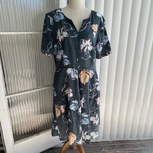 Jacqui E Linen Dress Womens M Blue Grey Floral V-neck A-line Midi W/Pockets - Picture 1 of 14