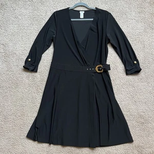 Cache True Wrap Black Knee Dress V-Neck Belted Gold Hardware 3/4 Sleeves Size L - Picture 1 of 10
