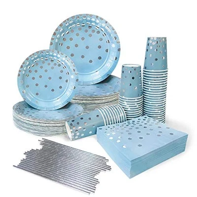 Juego de 250 piezas de platos y servilletas de papel azul y plateado suministros de fiesta, desechables... Foto 1 de 4