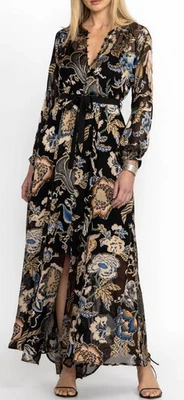 $598 Johnny Was Black Floral Dress  12 US 48 IT L Burnout Chiffon Maxi Long Auth - Image 1 of 4