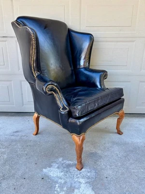 Vintage antique leather nailhead brass wing back chair library Baker Hancock era - Image 1 of 4