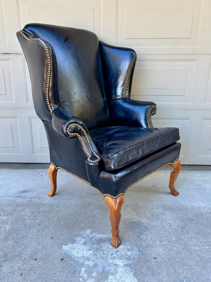Vintage antique leather nailhead brass wing back chair library Baker Hancock era - Image 1 of 4