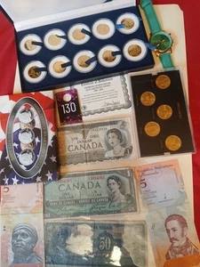 Collectible Junk Coin Lot Gold State 25c Collection Forgien Bills &more - Picture 1 of 12