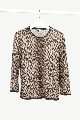 Lanvin Grey Leopard-Print Silk-Trim 3/4-Sleeve T-Shirt, Size US S — 第 1/4 张图片