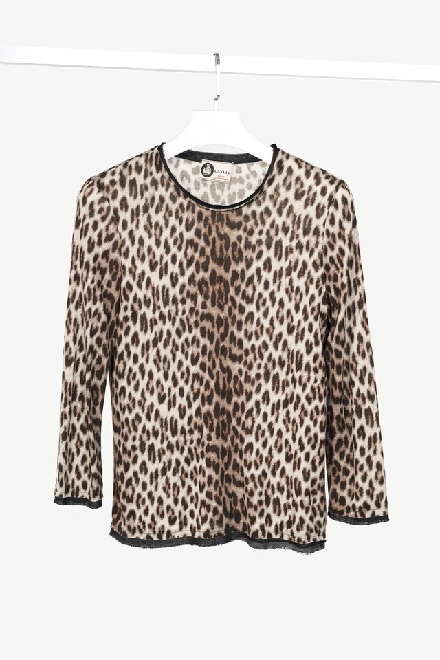 Lanvin Grey Leopard-Print Silk-Trim 3/4-Sleeve T-Shirt, Size US S - Image 1 of 4