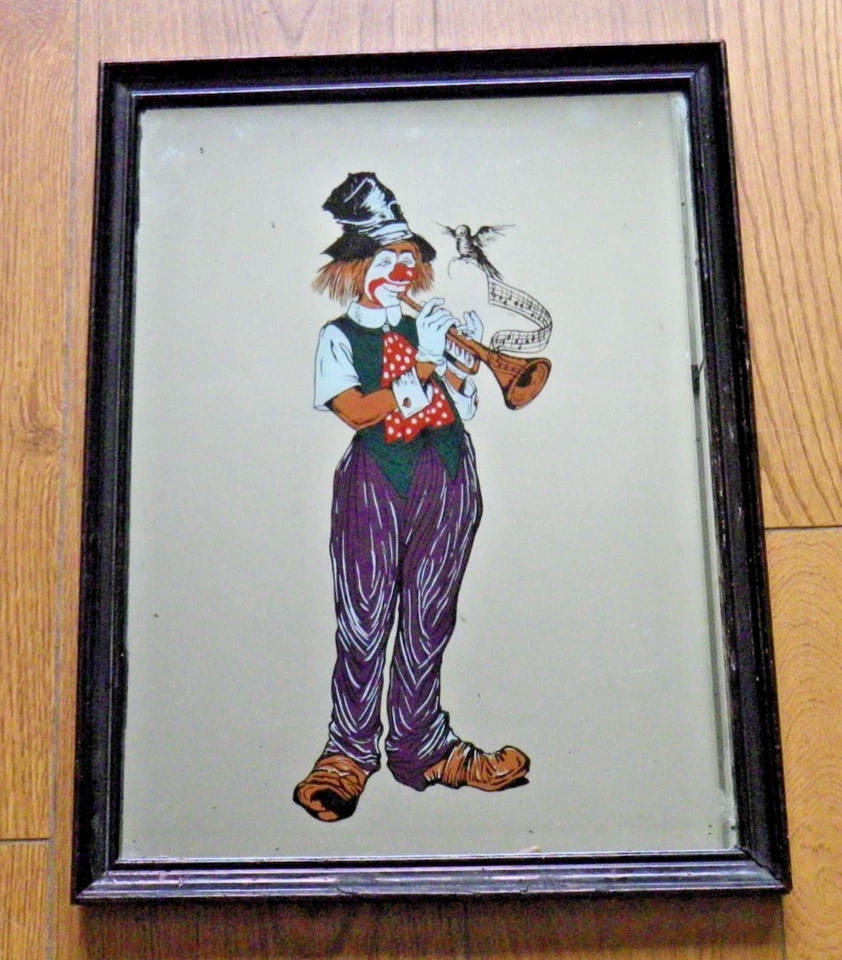 Ancien miroir encadré Clown jouant de la trompette - Photo 1/1