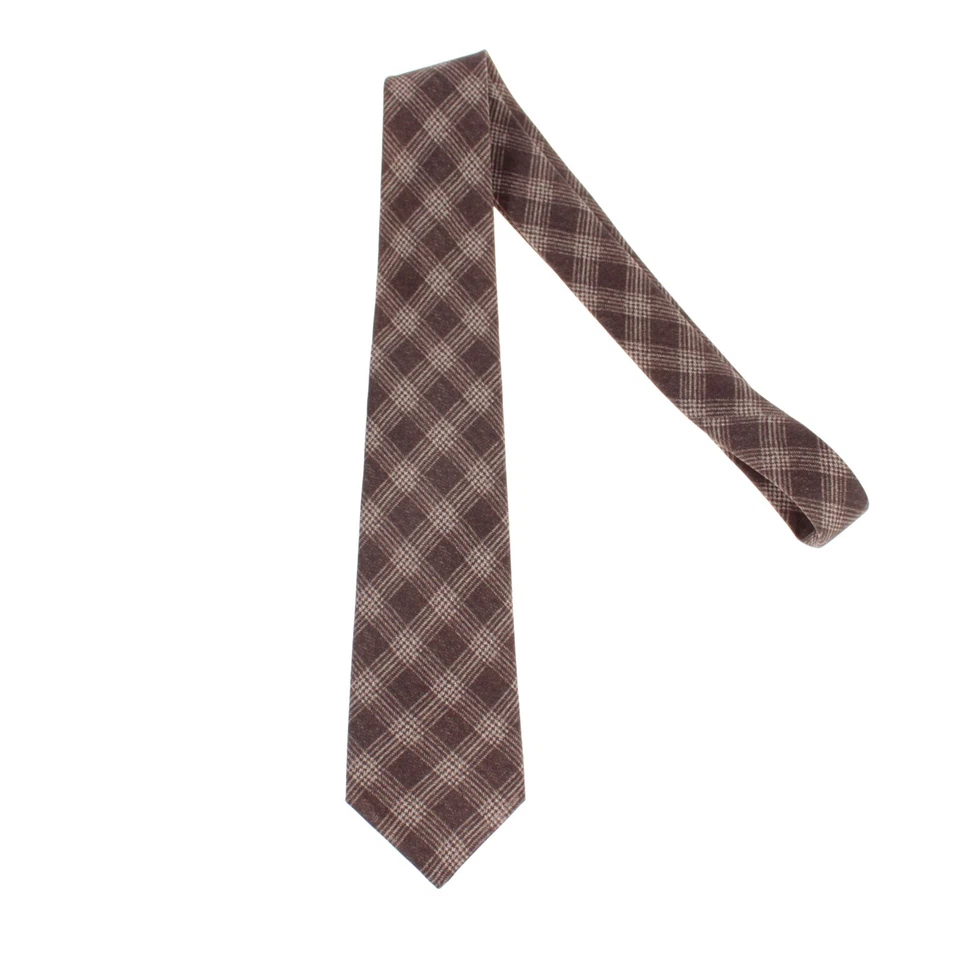 Kiton 全新无标签 100% 真丝七折领带棕色/米色格子格子 — 第 1/4 张图片