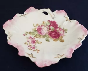 VTG Porcelain Maple Leaf Shaped Dish, Dark Pink Border, Beautiful Rose Pattern - Picture 1 of 9