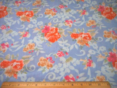 Quilt Fabric By Half-Yard Orange Tan Roses Pink Floral on Blue Cotton #PC - Image 1 of 2
