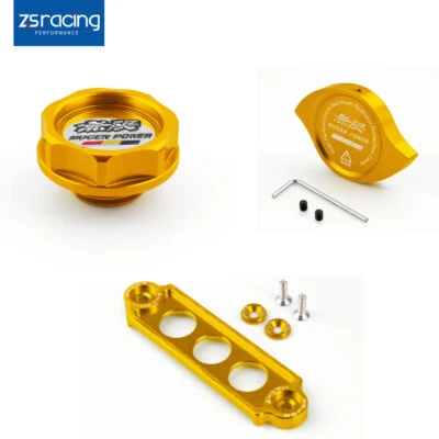 JDM Billet Oil Filler Cap + Radiator Cap + Battery Tie Down for Honda Civic Foto 1 de 4