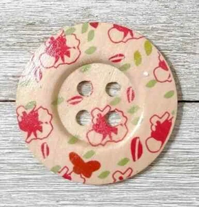 natural wood large button sewing 4 holes 2 inch red butterfly 1pc - Picture 1 of 2