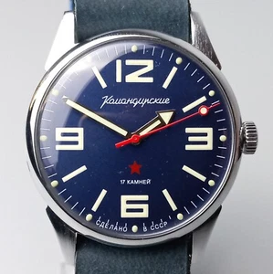 Reloj de pulsera vintage Vostok Komandirskie soviético Wostok reloj 17 joyas esfera azul - Imagen 1 de 7