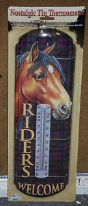 #1348 "Riders Welcome" Horse Nostalgic Tin Thermometer by Rivers Edge Products - Picture 1 of 3