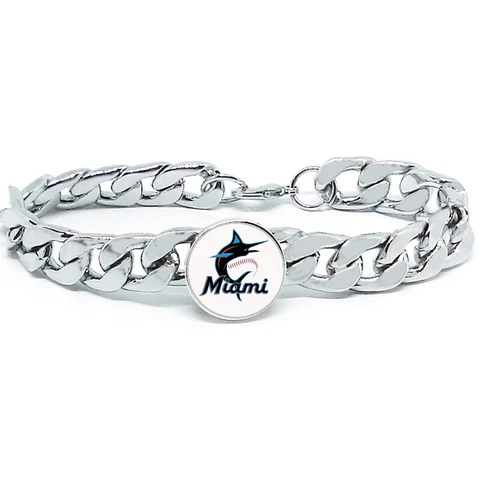 Miami Marlins Stainless Steel Mens Curb Link Chain Bracelet w Gift Pkg D4 Cover