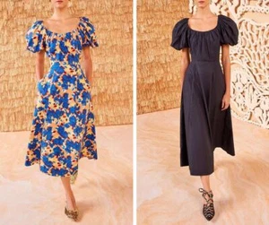 Women Ulla Johnson Cotton Round Neck Floral Puff Sleeve A-line Midi Dress - Picture 1 of 16