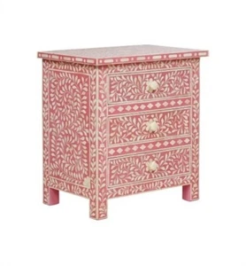 Handmade Bone Inlay Bedside Table 3 Drawers Floral Design in Pink Color - Picture 1 of 7