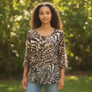 Easywear By Chicos 1 gefütterter Pullover mit Animalprint transparent Bluse. L-5 - Bild 1 von 9