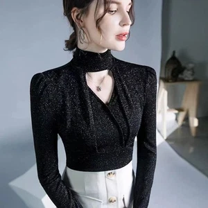 Damen Pailletten Glänzende Bluse Oberteile Langarm Hoher Kragen Pullover - Picture 1 of 11