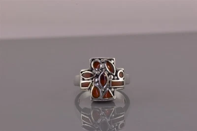 Anillo de plata esterlina con marco de cornalina roja en forma de mezcla con banda cruzada 925 talla: 7 Foto 1 de 4
