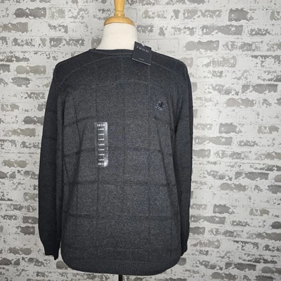 NUEVO Suéter Izod Para Hombres Grande Gris Carbón Patrón de Rejilla Cuello Redondo Manga Larga Foto 1 de 4