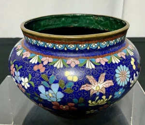Jarrón antiguo Cloisonne en maceta negro floral arte asiático - Imagen 1 de 4