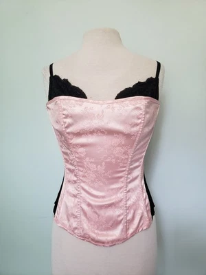 Sujetador Demi Corsé Floral Satinado Rosa Encaje Negro Fredericks of Hollywood Talla 36 Y2K Foto 1 de 4