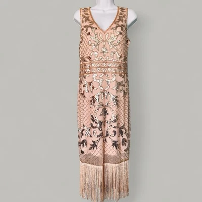 Único Vestido Retro Aleta L Lentejuelas Cuentas Showgirl Flecos Años 20 Gatsby Burlesque Foto 1 de 4