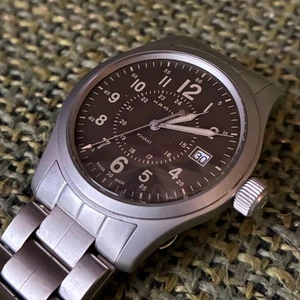 HAMILTON Khaki field H682010 38mm Quartz Brown Silver work well Used From Japan - Picture 1 of 10
