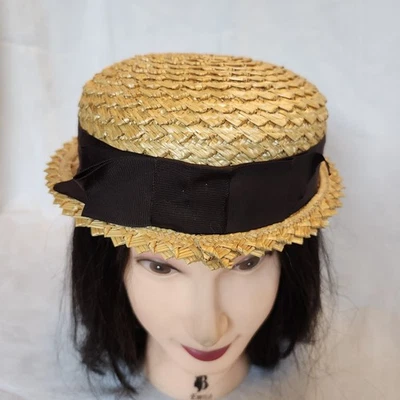 Винтажная соломенная женская шляпа лодочника с черной лентой No23 с короткими полями - Изображение 1 из 4