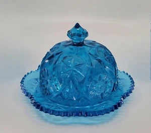 Yutec Dark Blue By Kemple Round Covered Butter Dish Pressed Star And Fan Pattern - Picture 1 of 5